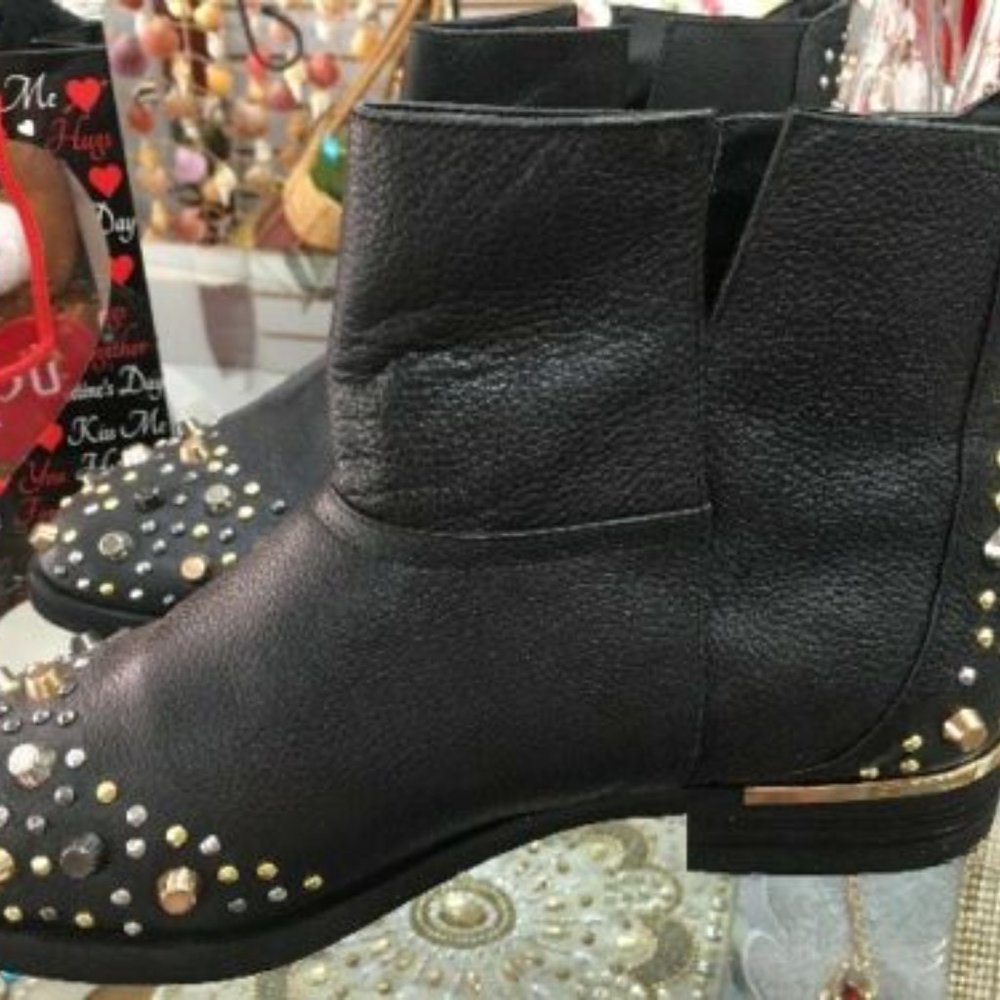 Modern Vice Black Studded Biker Boots 8.5 New Faux Leather - Picture 3 of 5